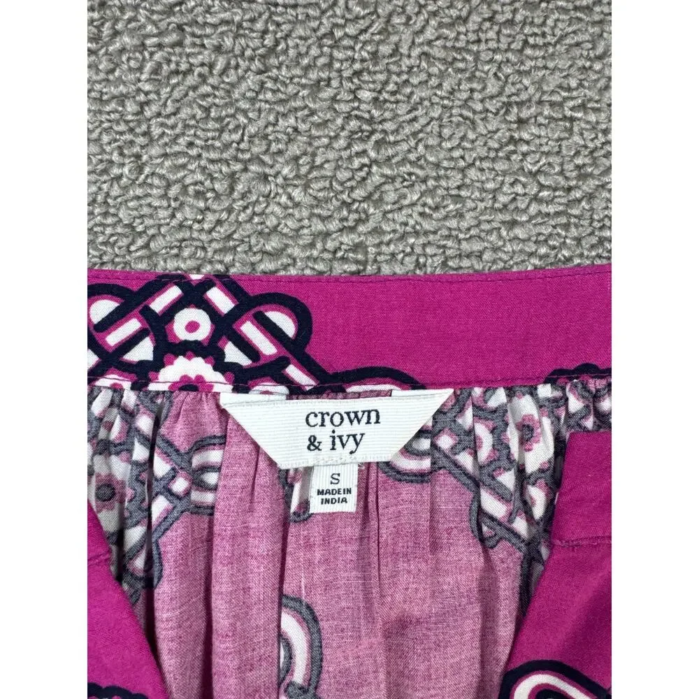 Crown & Ivy Dress Bell‎ Sleeve Crochet Magenta Navy Geometric Print Size Small